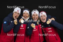 16.03.2019, Oestersund, Sweden (SWE): Synnoeve Solemdal (NOR), Ingrid Landmark Tandrevold (NOR), Tiril Eckhoff (NOR), Marte Olsbu Roeiseland (NOR), (l-r) - IBU world championships biathlon, medals, Oestersund (SWE). www.nordicfocus.com. © Manzoni/NordicFocus. Every downloaded picture is fee-liable.