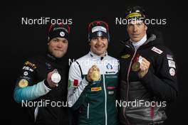 17.03.2019, Oestersund, Sweden (SWE): Antonin Guigonnat (FRA), Dominik Windisch (ITA), Julian Eberhard (AUT), (l-r) - IBU world championships biathlon, medals, Oestersund (SWE). www.nordicfocus.com. © Manzoni/NordicFocus. Every downloaded picture is fee-liable.