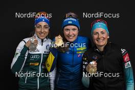 12.03.2019, Oestersund, Sweden (SWE): Lisa Vittozzi (ITA), Hanna Oeberg (SWE), Justine Braisaz (FRA), (l-r) - IBU world championships biathlon, medals, Oestersund (SWE). www.nordicfocus.com. © Manzoni/NordicFocus. Every downloaded picture is fee-liable.
