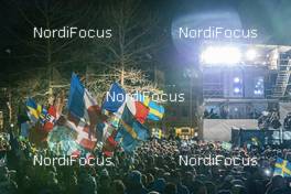 12.03.2019, Oestersund, Sweden (SWE): Event Feature: French and Swedish fans wait for the athletes at the medal plaza in Oestersund - IBU world championships biathlon, medals, Oestersund (SWE). www.nordicfocus.com. © Manzoni/NordicFocus. Every downloaded picture is fee-liable.