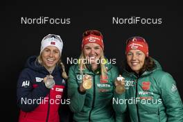 10.03.2019, Oestersund, Sweden (SWE): Tiril Eckhoff (NOR), Denise Herrmann (GER), Laura Dahlmeier (GER), (l-r) - IBU world championships biathlon, medals, Oestersund (SWE). www.nordicfocus.com. © Manzoni/NordicFocus. Every downloaded picture is fee-liable.