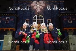 16.03.2019, Oestersund, Sweden (SWE): Synnoeve Solemdal (NOR), Ingrid Landmark Tandrevold (NOR), Tiril Eckhoff (NOR), Marte Olsbu Roeiseland (NOR) - IBU world championships biathlon, medals, Oestersund (SWE). www.nordicfocus.com. © Tumashov/NordicFocus. Every downloaded picture is fee-liable.