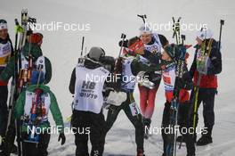 07.03.2019, Oestersund, Sweden (SWE): Marte Olsbu Roeiseland (NOR), Tiril Eckhoff (NOR), Johannes Thingnes Boe (NOR), Vetle Sjaastad Christiansen (NOR), Benedikt Doll (GER) - IBU world championships biathlon, relay mixed, Oestersund (SWE). www.nordicfocus.com. © Tumashov/NordicFocus. Every downloaded picture is fee-liable.