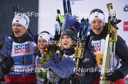 07.03.2019, Oestersund, Sweden (SWE): Marte Olsbu Roeiseland (NOR), Tiril Eckhoff (NOR), Johannes Thingnes Boe (NOR), Vetle Sjaastad Christiansen (NOR) - IBU world championships biathlon, relay mixed, Oestersund (SWE). www.nordicfocus.com. © Tumashov/NordicFocus. Every downloaded picture is fee-liable.