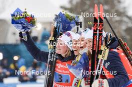 16.03.2019, Oestersund, Sweden (SWE): Synnoeve Solemdal (NOR), Ingrid Landmark Tandrevold (NOR), Tiril Eckhoff (NOR), Marte Olsbu Roeiseland (NOR) - IBU world championships biathlon, relay women, Oestersund (SWE). www.nordicfocus.com. © Tumashov/NordicFocus. Every downloaded picture is fee-liable.