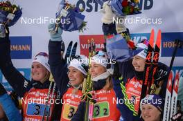 16.03.2019, Oestersund, Sweden (SWE): Synnoeve Solemdal (NOR), Ingrid Landmark Tandrevold (NOR), Tiril Eckhoff (NOR), Marte Olsbu Roeiseland (NOR) - IBU world championships biathlon, relay women, Oestersund (SWE). www.nordicfocus.com. © Tumashov/NordicFocus. Every downloaded picture is fee-liable.