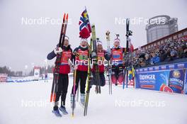 16.03.2019, Oestersund, Sweden (SWE): Synnoeve Solemdal (NOR), Ingrid Landmark Tandrevold (NOR), Tiril Eckhoff (NOR), Marte Olsbu Roeiseland (NOR), (l-r) - IBU world championships biathlon, relay women, Oestersund (SWE). www.nordicfocus.com. © Manzoni/NordicFocus. Every downloaded picture is fee-liable.