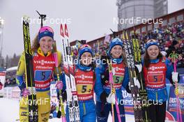 16.03.2019, Oestersund, Sweden (SWE): Hanna Oeberg (SWE), Anna Magnusson (SWE), Mona Brorsson (SWE), Linn Persson (SWE), (l-r) - IBU world championships biathlon, relay women, Oestersund (SWE). www.nordicfocus.com. © Manzoni/NordicFocus. Every downloaded picture is fee-liable.