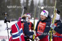 16.03.2019, Oestersund, Sweden (SWE): Ingrid Landmark Tandrevold (NOR), Marte Olsbu Roeiseland (NOR), Synnoeve Solemdal (NOR), Tiril Eckhoff (NOR), (l-r) - IBU world championships biathlon, relay women, Oestersund (SWE). www.nordicfocus.com. © Manzoni/NordicFocus. Every downloaded picture is fee-liable.