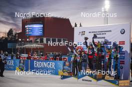 14.03.2019, Oestersund, Sweden (SWE): Dorothea Wierer (ITA), Lukas Hofer (ITA), Hanna Oeberg (SWE), Sebastian Samuelsson (SWE), Marte Olsbu Roeiseland (NOR), Johannes Thingnes Boe (NOR) - IBU world championships biathlon, single mixed relay, Oestersund (SWE). www.nordicfocus.com. © Tumashov/NordicFocus. Every downloaded picture is fee-liable.