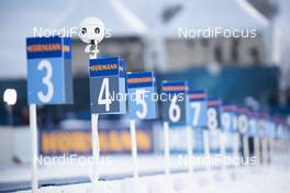 14.03.2019, Oestersund, Sweden (SWE): Event Feature: Signs for the shooting lanes with a 360 degree camera on top - IBU world championships biathlon, single mixed relay, Oestersund (SWE). www.nordicfocus.com. © Manzoni/NordicFocus. Every downloaded picture is fee-liable.