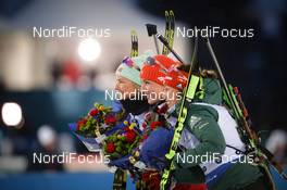 08.03.2019, Oestersund, Sweden (SWE): Ingrid Landmark Tandrevold (NOR), Anastasiya Kuzmina (SVK), Laura Dahlmeier (GER) - IBU world championships biathlon, sprint women, Oestersund (SWE). www.nordicfocus.com. © Tumashov/NordicFocus. Every downloaded picture is fee-liable.