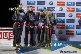 30.11.2019, Oestersund, Sweden, (SWE): Johannes Thingnes Boe (NOR), Tarjei Boe (NOR), Tiril Eckhoff (NOR), Ingrid Landmark Tandrevold (NOR) - IBU world cup biathlon, relay mixed, Oestersund (SWE). www.nordicfocus.com. © Nico Manzoni/NordicFocus. Every downloaded picture is fee-liable.
