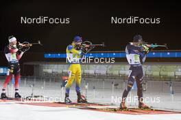 07.12.2019, Oestersund, Sweden, (SWE): Erlend Bjoentegaard (NOR), Jesper Nelin (SWE), Thomas Bormolini (ITA), (l-r) - IBU world cup biathlon, relay men, Oestersund (SWE). www.nordicfocus.com. © Manzoni/NordicFocus. Every downloaded picture is fee-liable.