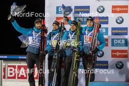 07.12.2019, Oestersund, Sweden, (SWE): Martin Fourcade (FRA), Simon Desthieux (FRA), Quentin Fillon Maillet (FRA), Emilien Jacquelin (FRA) - IBU world cup biathlon, relay men, Oestersund (SWE). www.nordicfocus.com. © Nico Manzoni/NordicFocus. Every downloaded picture is fee-liable.