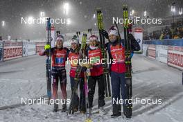 08.12.2019, Oestersund, Sweden, (SWE): Marte Olsbu Roeiseland (NOR), Tiril Eckhoff (NOR), Ingrid Landmark Tandrevold (NOR), Karoline Offigstad Knotten (NOR) - IBU world cup biathlon, relay women, Oestersund (SWE). www.nordicfocus.com. © Nico Manzoni/NordicFocus. Every downloaded picture is fee-liable.