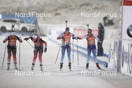 08.12.2019, Oestersund, Sweden, (SWE): Tiril Eckhoff (NOR), Ingrid Landmark Tandrevold (NOR), Aita Gasparin (SUI), Selina Gasparin (SUI), (l-r) - IBU world cup biathlon, relay women, Oestersund (SWE). www.nordicfocus.com. © Manzoni/NordicFocus. Every downloaded picture is fee-liable.