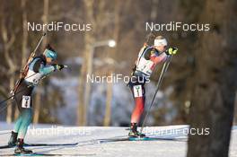30.11.2019, Oestersund, Sweden, (SWE): Julia Simon (FRA), Marte Olsbu Roeiseland (NOR), (l-r) - IBU world cup biathlon, single mixed relay, Oestersund (SWE). www.nordicfocus.com. © Manzoni/NordicFocus. Every downloaded picture is fee-liable.