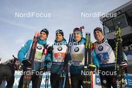 15.12.2019, Hochfilzen, Austria (AUT): Emilien Jacquelin (FRA), Antonin Guigonnat (FRA), Fabien Claude (FRA), Quentin Fillon Maillet (FRA), (l-r) - IBU world cup biathlon, relay men, Hochfilzen (AUT). www.nordicfocus.com. © Manzoni/NordicFocus. Every downloaded picture is fee-liable.
