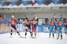 14.12.2019, Hochfilzen, Austria (AUT): Katharina Innerhofer (AUT), Julia Schwaiger (AUT), Ingrid Landmark Tandrevold (NOR), Galina Vishnevskaya (KAZ), Yelizaveta Belchenko (KAZ), (l-r) - IBU world cup biathlon, relay women, Hochfilzen (AUT). www.nordicfocus.com. © Manzoni/NordicFocus. Every downloaded picture is fee-liable.