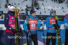13.12.2019, Hochfilzen, Austria (AUT): Johannes Thingnes Boe (NOR), Simon Desthieux (FRA), Alexander Loginov (RUS) - IBU world cup biathlon, sprint men, Hochfilzen (AUT). www.nordicfocus.com. © Nico Manzoni/NordicFocus. Every downloaded picture is fee-liable.