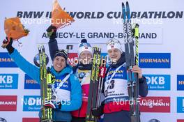 21.12.2019, Annecy-Le Grand Bornand, France (FRA): Quentin Fillon Maillet (FRA), Johannes Thingnes Boe (NOR), Vetle Sjaastad Christiansen (NOR), (l-r) -  IBU world cup biathlon, pursuit men, Annecy-Le Grand Bornand (FRA). www.nordicfocus.com. © Thibaut/NordicFocus. Every downloaded picture is fee-liable.