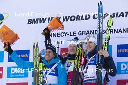 21.12.2019, Annecy-Le Grand Bornand, France (FRA): Quentin Fillon Maillet (FRA), Johannes Thingnes Boe (NOR), Vetle Sjaastad Christiansen (NOR), (l-r) -  IBU world cup biathlon, pursuit men, Annecy-Le Grand Bornand (FRA). www.nordicfocus.com. © Manzoni/NordicFocus. Every downloaded picture is fee-liable.