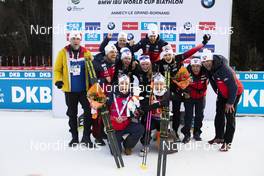21.12.2019, Annecy-Le Grand Bornand, France (FRA): Tiril Eckhoff (NOR), Ingrid Landmark Tandrevold (NOR), Thekla Brun-Lie (NOR), Patrick Oberegger (ITA) coach Team Norway, Siegfried Mazet (FRA) coach team Norway, (l-r) -  IBU world cup biathlon, pursuit women, Annecy-Le Grand Bornand (FRA). www.nordicfocus.com. © Manzoni/NordicFocus. Every downloaded picture is fee-liable.