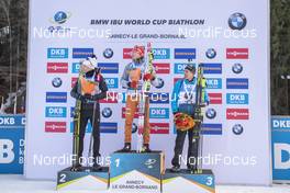 19.12.2019, Annecy-Le Grand Bornand, France (FRA): Tarjei Boe (NOR), Benedikt Doll (GER), Quentin Fillon Maillet (FRA), (l-r) -  IBU world cup biathlon, sprint men, Annecy-Le Grand Bornand (FRA). www.nordicfocus.com. © Thibaut/NordicFocus. Every downloaded picture is fee-liable.