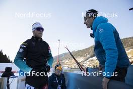 19.12.2019, Annecy-Le Grand Bornand, France (FRA): Antonin Guigonnat (FRA), Patrick Favre (ITA), coach of team France, (l-r) -  IBU world cup biathlon, sprint men, Annecy-Le Grand Bornand (FRA). www.nordicfocus.com. © Manzoni/NordicFocus. Every downloaded picture is fee-liable.