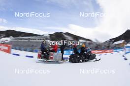 18.12.2019, Annecy-Le Grand Bornand, France (FRA): Event Feature: Volunteers drive over the course -  IBU world cup biathlon, training, Annecy-Le Grand Bornand (FRA). www.nordicfocus.com. © Manzoni/NordicFocus. Every downloaded picture is fee-liable.