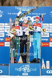 01.01.2019, Val Mustair, Switzerland (SUI): Federico Pellegrino (ITA), Johannes Hoesflot Klaebo (NOR), Sergey Ustiugov (RUS), (l-r) - FIS world cup cross-country, tour de ski, individual sprint, Val Mustair (SUI). www.nordicfocus.com. © Modica/NordicFocus. Every downloaded picture is fee-liable.