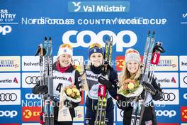 01.01.2019, Val Mustair, Switzerland (SUI): Sophie Caldwell (USA), Stina Nilsson (SWE), Jessica Diggins (USA), (l-r) - FIS world cup cross-country, tour de ski, individual sprint, Val Mustair (SUI). www.nordicfocus.com. © Modica/NordicFocus. Every downloaded picture is fee-liable.