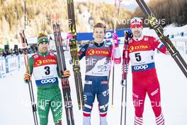 01.01.2019, Val Mustair, Switzerland (SUI): Federico Pellegrino (ITA), Johannes Hoesflot Klaebo (NOR), Sergey Ustiugov (RUS), (l-r)  - FIS world cup cross-country, tour de ski, individual sprint, Val Mustair (SUI). www.nordicfocus.com. © Modica/NordicFocus. Every downloaded picture is fee-liable.