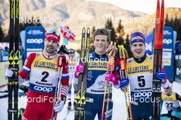 06.01.2019, Val di Fiemme, Italy (ITA): Sergey Ustiugov (RUS), Johannes Hoesflot Klaebo (NOR), Simen Hegstad Krueger (NOR), (l-r)  - FIS world cup cross-country, tour de ski, final climb men, Val di Fiemme (ITA). www.nordicfocus.com. © Modica/NordicFocus. Every downloaded picture is fee-liable.