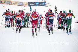 05.01.2019, Val di Fiemme, Italy (ITA): Sjur Roethe (NOR), Simen Hegstad Krueger (NOR), Sergey Ustiugov (RUS), Johannes Hoesflot Klaebo (NOR), Francesco De Fabiani (ITA), (l-r)  - FIS world cup cross-country, tour de ski, mass men, Val di Fiemme (ITA). www.nordicfocus.com. © Modica/NordicFocus. Every downloaded picture is fee-liable.