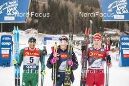 05.01.2019, Val di Fiemme, Italy (ITA): Francesco De Fabiani (ITA), Johannes Hoesflot Klaebo (NOR), Alexander Bolshunov (RUS), (l-r)  - FIS world cup cross-country, tour de ski, mass men, Val di Fiemme (ITA). www.nordicfocus.com. © Modica/NordicFocus. Every downloaded picture is fee-liable.