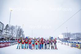 27.01.2019, Ulricehamn, Sweden (SWE): Andrey Larkov (RUS), Alexander Bolshunov (RUS), Andrey Melnichenko (RUS), Sergey Ustiugov (RUS), Evgeniy Belov (RUS), Alexander Bessmertnykh (RUS), Denis Spitsov (RUS), Artem Maltsev (RUS), Hans Christer Holund (NOR), Didrik Toenseth (NOR), Sjur Roethe (NOR), Simen Hegstad Krueger (NOR), (l-r)  - FIS world cup cross-country, 4x10km men, Ulricehamn (SWE). www.nordicfocus.com. © Modica/NordicFocus. Every downloaded picture is fee-liable.