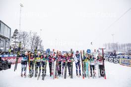 27.01.2019, Ulricehamn, Sweden (SWE): Evelina Settlin (SWE), Ebba Andersson (SWE), Charlotte Kalla (SWE), Jonna Sundling (SWE), Heidi Weng (NOR), Therese Johaug (NOR), Astrid Uhrenholdt Jacobsen (NOR), Ingvild Flugstad Oestberg (NOR), Laura Mononen (FIN), Krista Parmakoski (FIN), Riitta-Liisa Roponen (FIN), Eveliina Piippo (FIN), (l-r)  - FIS world cup cross-country, 4x5km women, Ulricehamn (SWE). www.nordicfocus.com. © Modica/NordicFocus. Every downloaded picture is fee-liable.