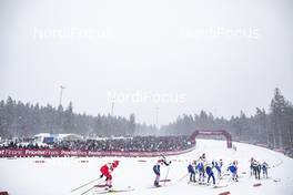 27.01.2019, Ulricehamn, Sweden (SWE): Heidi Weng (NOR), Evelina Settlin (SWE), Yulia Belorukova (RUS), Sadie Bjornsen (USA), Laura Mononen (FIN), Victoria Carl (GER), Katerina Razymova (CZE), Anna Shevchenko (KAZ), Anna Dyvik (SWE), Lotta Udnes Weng (NOR), (l-r)  - FIS world cup cross-country, 4x5km women, Ulricehamn (SWE). www.nordicfocus.com. © Modica/NordicFocus. Every downloaded picture is fee-liable.
