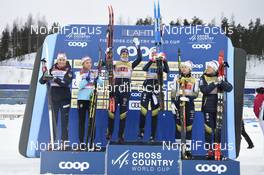10.02.2019, Lahti Finland (FIN): Tiril Udnes Weng (NOR), Maiken Caspersen Falla (NOR), Ida Ingemarsdotter (SWE), Maja Dahlqvist (SWE), Evelina Settlin (SWE), Hanna Falk (SWE), (l-r) - FIS world cup cross-country, team sprint, Lahti (FIN). www.nordicfocus.com. © Thibaut/NordicFocus. Every downloaded picture is fee-liable.