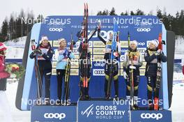 10.02.2019, Lahti Finland (FIN): Tiril Udnes Weng (NOR), Maiken Caspersen Falla (NOR), Ida Ingemarsdotter (SWE), Maja Dahlqvist (SWE), Evelina Settlin (SWE), Hanna Falk (SWE), (l-r) - FIS world cup cross-country, team sprint, Lahti (FIN). www.nordicfocus.com. © Thibaut/NordicFocus. Every downloaded picture is fee-liable.