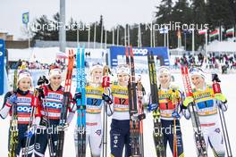 10.02.2019, Lahti Finland (FIN): Tiril Udnes Weng (NOR), Maiken Caspersen Falla (NOR), Ida Ingemarsdotter (SWE), Maja Dahlqvist (SWE), Evelina Settlin (SWE), Hanna Falk (SWE), (l-r)  - FIS world cup cross-country, team sprint, Lahti (FIN). www.nordicfocus.com. © Modica/NordicFocus. Every downloaded picture is fee-liable.