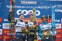 12.03.2019, Drammen, Norway (NOR): Eirik Brandsdal (NOR), Johannes Hoesflot Klaebo (NOR), Richard Jouve (FRA), (l-r) - FIS world cup cross-country, individual sprint, Drammen (NOR). www.nordicfocus.com. © Lyngstad/NordicFocus. Every downloaded picture is fee-liable.