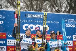 12.03.2019, Drammen, Norway (NOR): Eirik Brandsdal (NOR), Johannes Hoesflot Klaebo (NOR), Richard Jouve (FRA), (l-r) - FIS world cup cross-country, individual sprint, Drammen (NOR). www.nordicfocus.com. © Lyngstad/NordicFocus. Every downloaded picture is fee-liable.