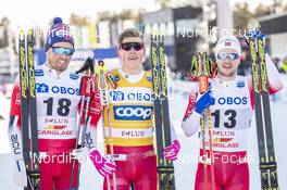 16.03.2019, Falun, Sweden (SWE): Emil Iversen (NOR), Johannes Hoesflot Klaebo (NOR), Sindre Bjoernestad Skar (NOR), (l-r)  - FIS world cup cross-country, individual sprint, Falun (SWE). www.nordicfocus.com. © Modica/NordicFocus. Every downloaded picture is fee-liable.