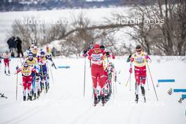 23.03.2019, Quebec, Canada (CAN): Johannes Hoesflot Klaebo (NOR), Alexander Bolshunov (RUS), Simen Hegstad Krueger (NOR), (l-r)  - FIS world cup cross-country, mass men, Quebec (CAN). www.nordicfocus.com. © Modica/NordicFocus. Every downloaded picture is fee-liable.