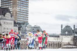 23.03.2019, Quebec, Canada (CAN): Teodor Peterson (SWE), Emil Iversen (NOR), Johan Haeggstroem (SWE), Johannes Hoesflot Klaebo (NOR), (l-r)  - FIS world cup cross-country, mass men, Quebec (CAN). www.nordicfocus.com. © Modica/NordicFocus. Every downloaded picture is fee-liable.