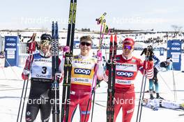 23.03.2019, Quebec, Canada (CAN): Alex Harvey (CAN), Johannes Hoesflot Klaebo (NOR), Alexander Bolshunov (RUS), (l-r)  - FIS world cup cross-country, mass men, Quebec (CAN). www.nordicfocus.com. © FlyingPoint/NordicFocus. Every downloaded picture is fee-liable.