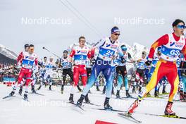 03.03.2019, Seefeld, Austria (AUT): Sjur Roethe (NOR), Simen Hegstad Krueger (NOR), Toni Livers (SUI), Lin Bao (CHN), (l-r)  - FIS nordic world ski championships, cross-country, mass men, Seefeld (AUT). www.nordicfocus.com. © Modica/NordicFocus. Every downloaded picture is fee-liable.